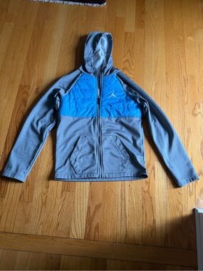Jordan Grey and Bright Blue Zip Hoodie with Red Jumpman